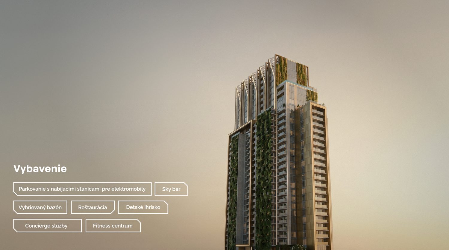Vybavenie ONE Tower, vyhrievaný bazén, sky bar, fitness centrum, reštaurácia a concierge služby