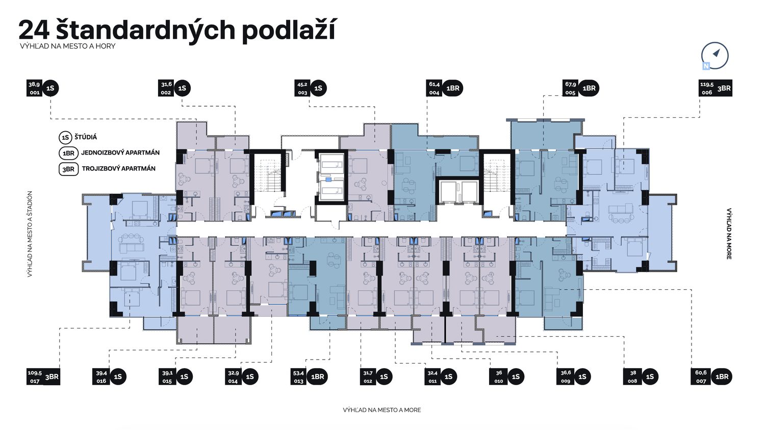 Pôdorys štandardného podlažia ONE Tower s plochami a orientáciou bytov