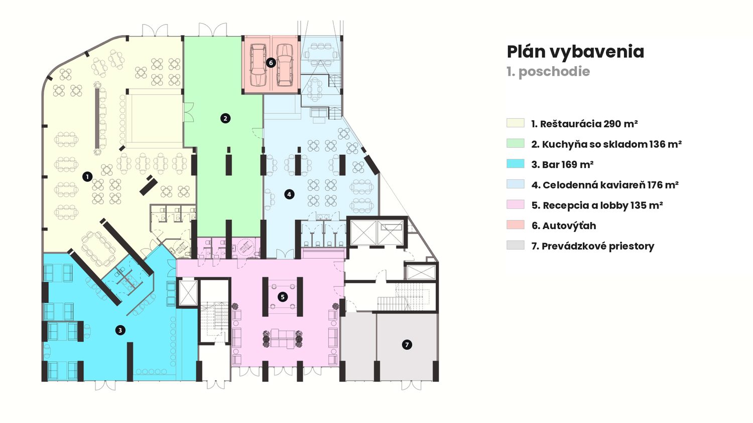 Plán vybavenia prvého podlažia Radisson RED, reštaurácia, bar a recepcia