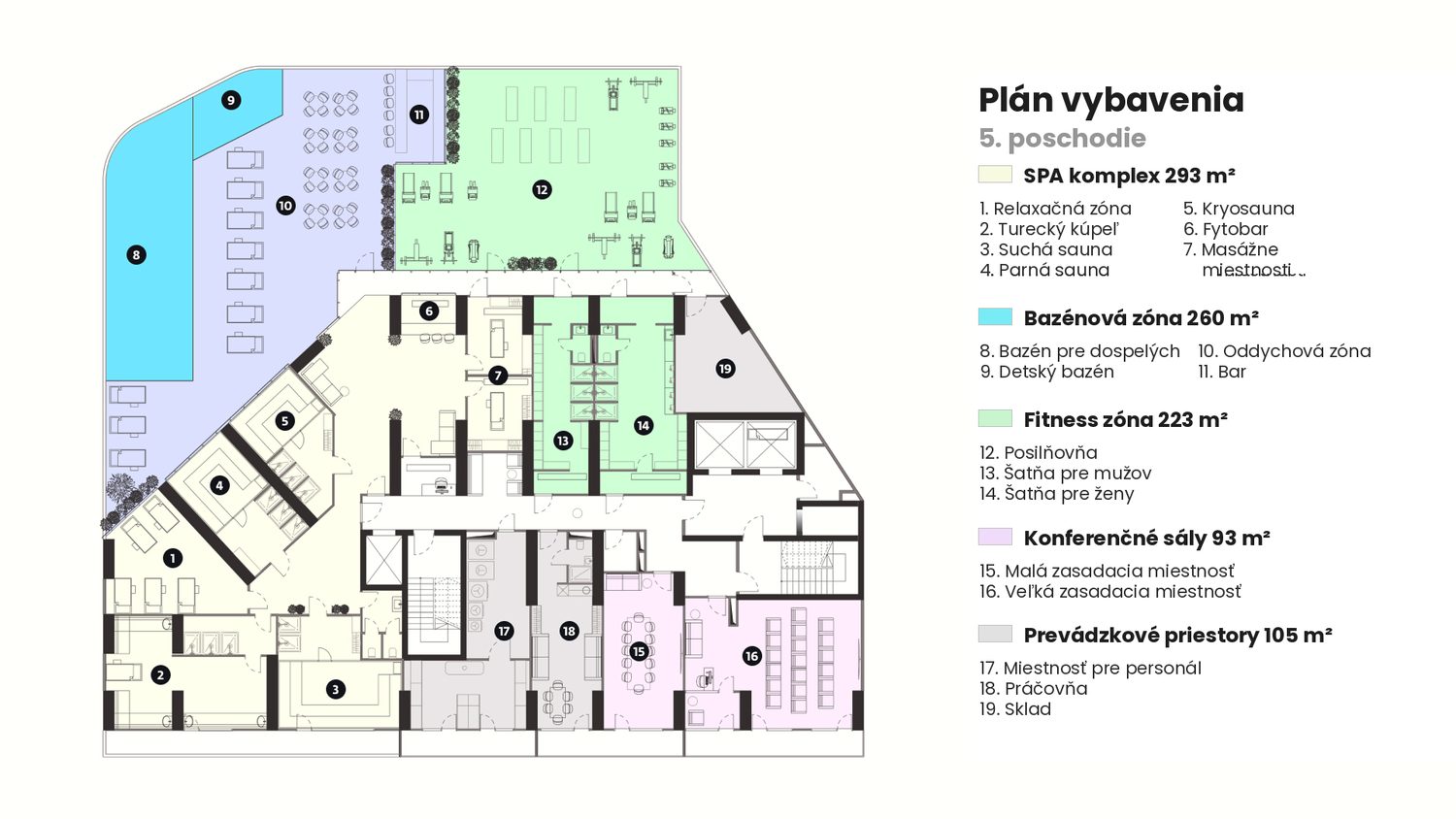 Plán vybavenia piateho podlažia Radisson RED, spa, bazén a fitness
