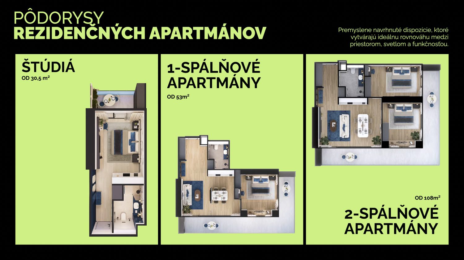 Pôdorysy rezidenčných apartmánov v SportCity, štúdiá, jednoizbové a dvojizbové byty