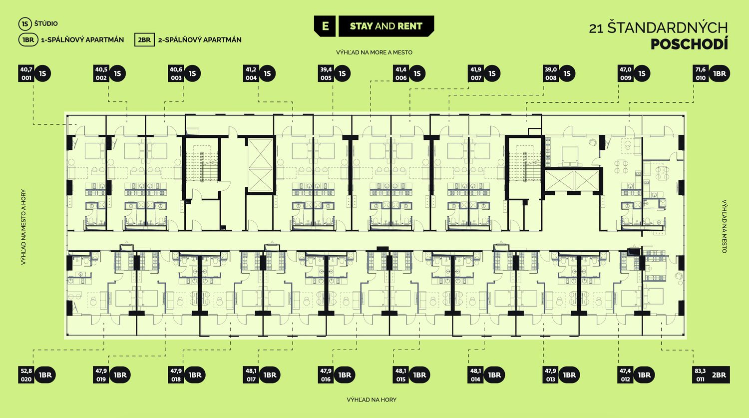 Pôdorys štandardného poschodia budovy Stay and Rent s orientáciou bytov na more, mesto a hory